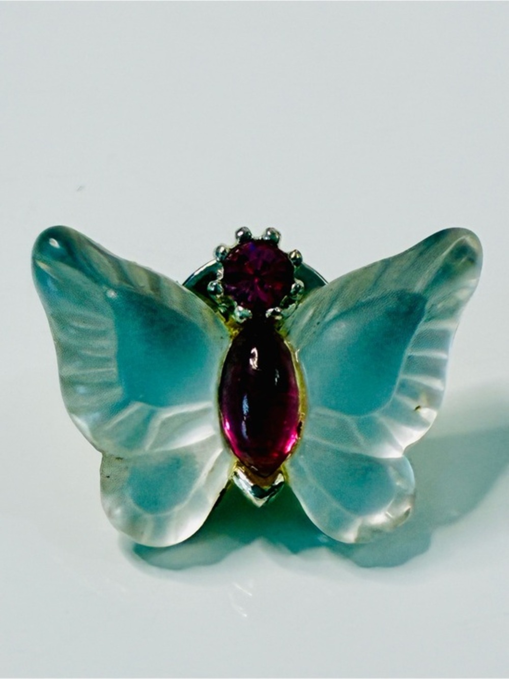 VTG Frosted Glass Dainty Pink Stone Butterfly Pin with Iridescent Wings